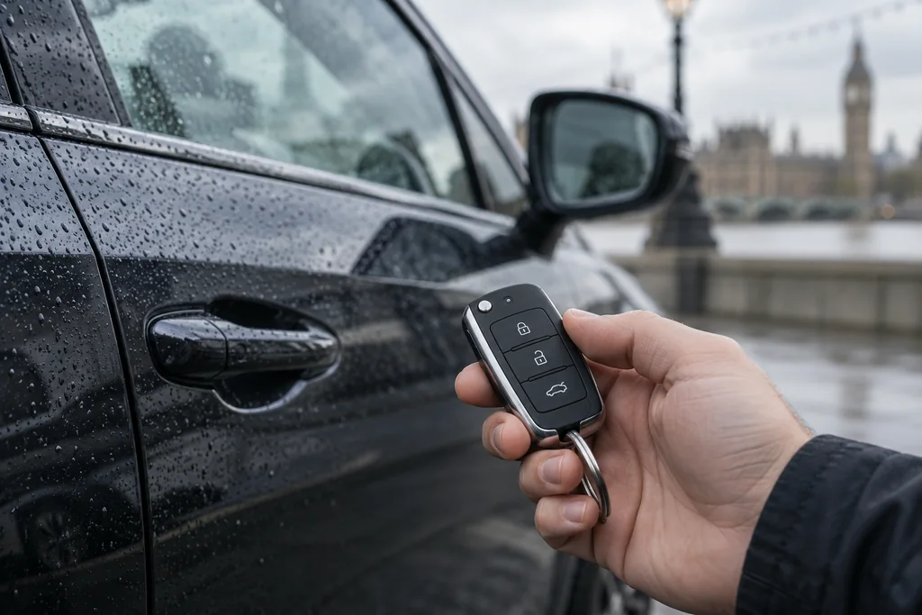 A car key fob held beside a car in London