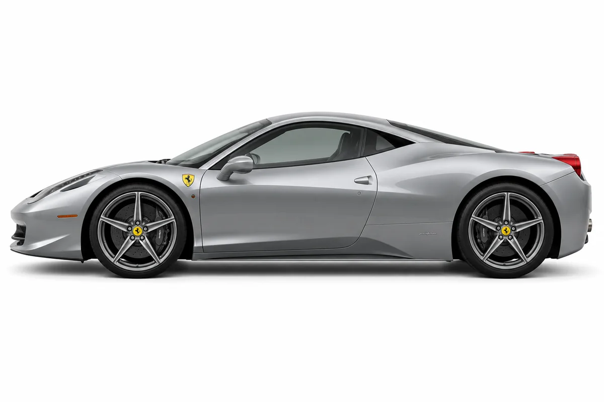 Illustrative side view of Ferrari 458; model year and body style may differ