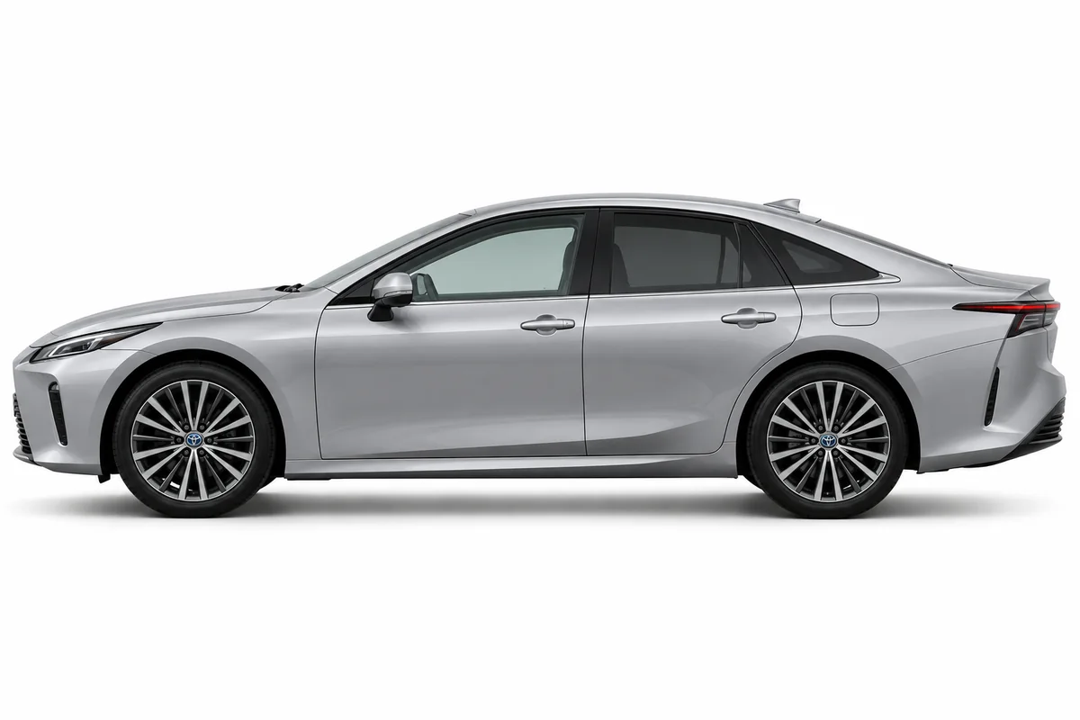 Illustrative side view of Toyota Mirai; model year and body style may differ