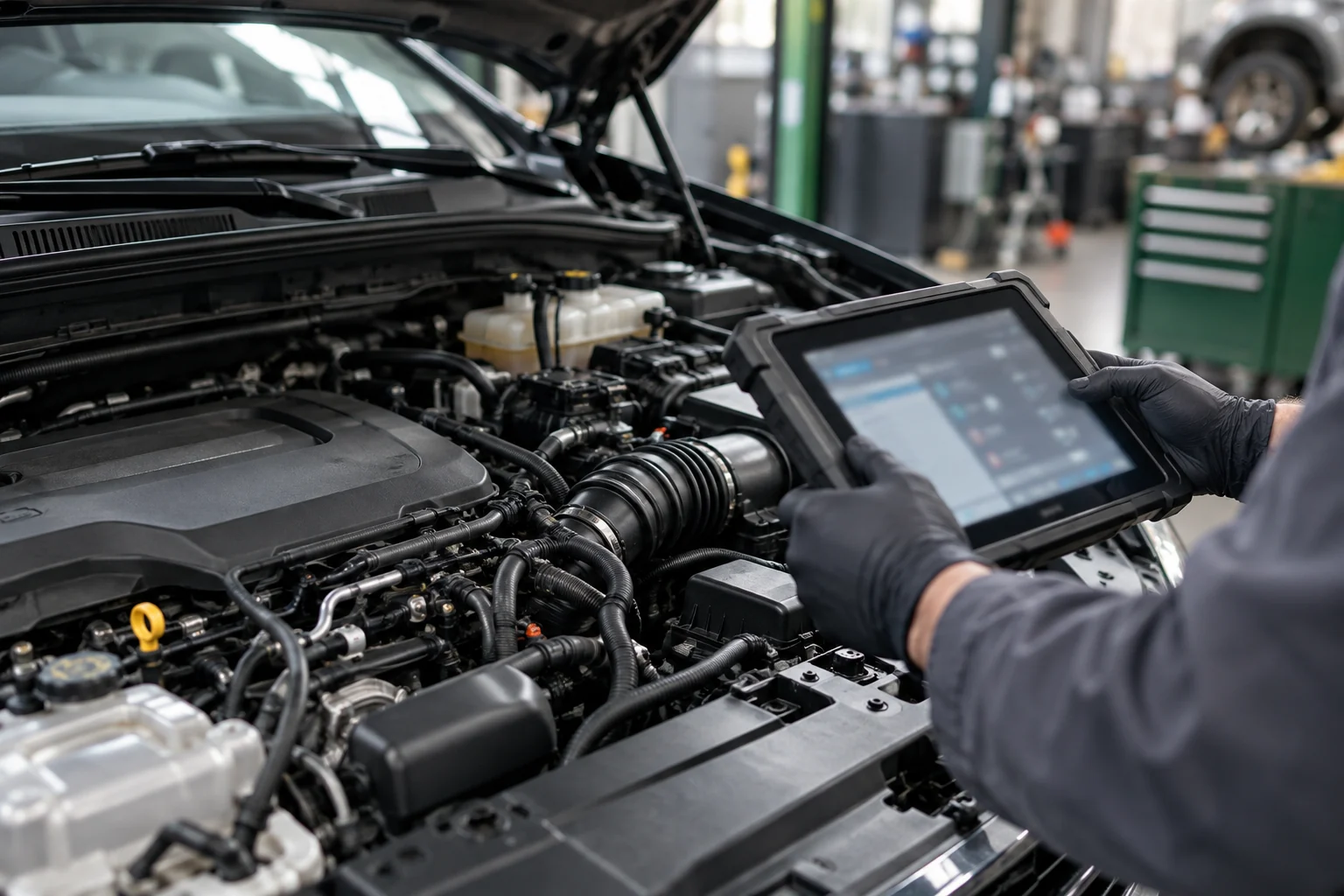 Illustrative vehicle diagnostics with a tablet beside an engine bay